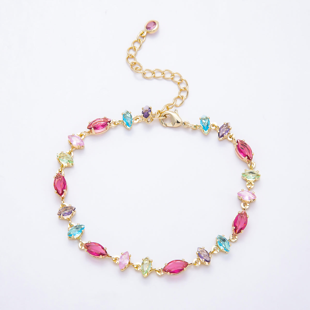 16K Gold Filled 6mm Multicolor Marquise CZ Station 17 Inch Necklace and Bracelet Set | WA-00426