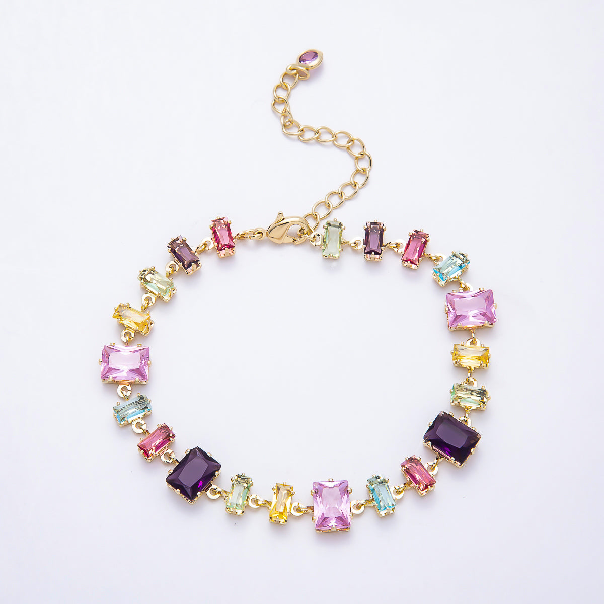 16K Gold Filled 9mm Multicolor Baguette CZ Station 17 Inch Necklace and Bracelet Set | WA-00429