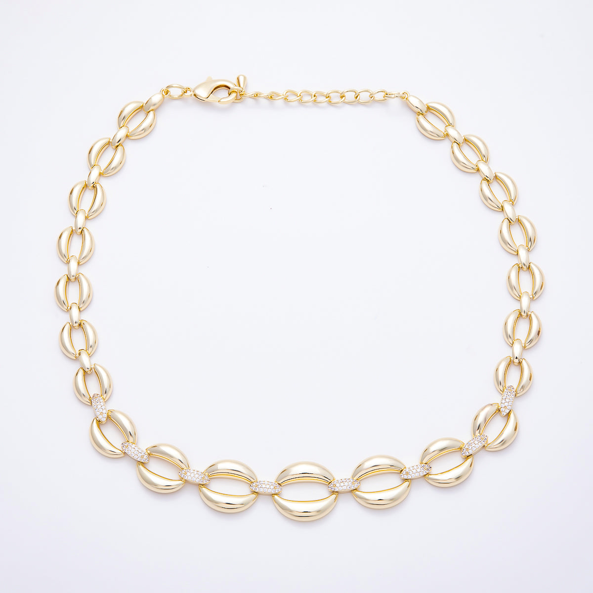 16K Gold Filled 20mm Micro Paved CZ Puffed Mariner Link Chain 16 Inch Necklace | WA-00448 - WA-00449