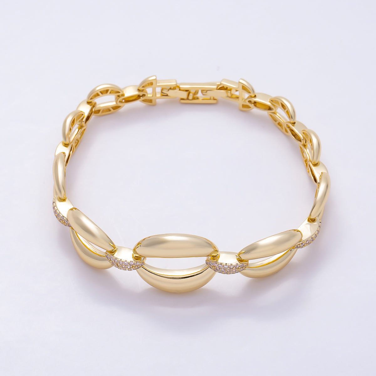 16K Gold 20mm Micro Paved CZ Puffed Mariner Link Bracelet | WA-00452 WA-00454