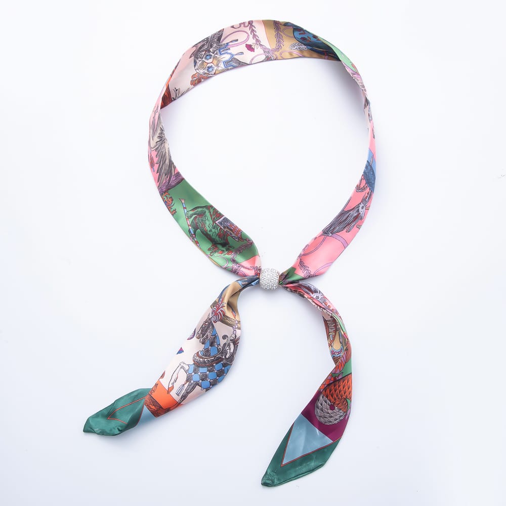 Clear Micro Paved CZ Slider Beads Printed Satin Scarf Bandana Scarf Necklace | WA-00493