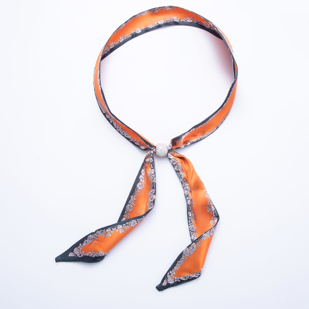 Clear Micro Paved CZ Slider Beads Printed Satin Scarf Bandana Scarf Necklace | WA-00493