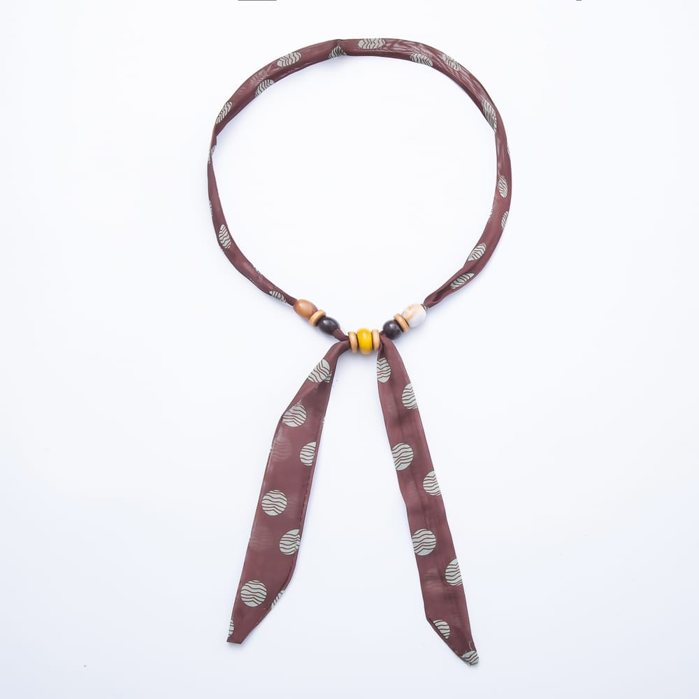 Multi Color Wooden Slider Beads Polka Dot & Leopard Chiffon Ribbon Scarf Bandana Scarf Necklace | WA-00508