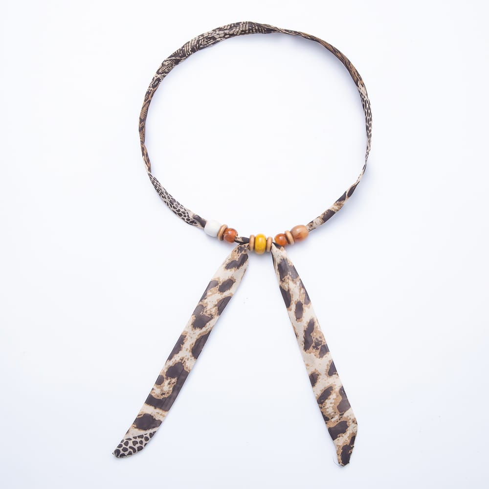 Multi Color Wooden Slider Beads Polka Dot & Leopard Chiffon Ribbon Scarf Bandana Scarf Necklace | WA-00508