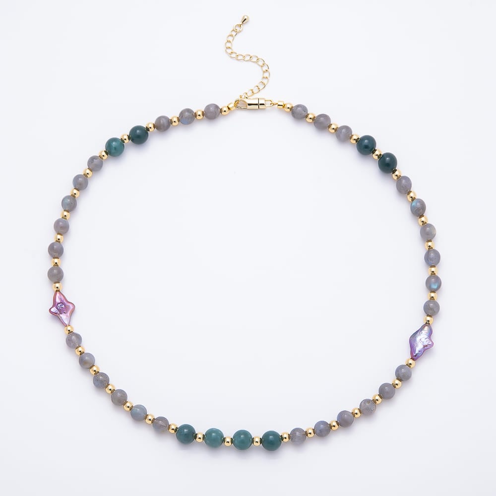 16K Gold Filled 6.5mm Purple Freshwater Pearl Aventurine Labradorite Round Gemstone Chain 17.5 Inch Necklace | WA-00517