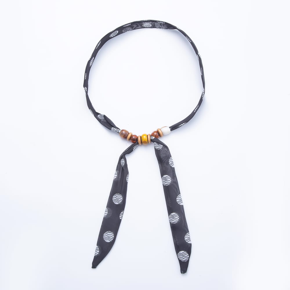 Multi Color Wooden Slider Beads Polka Dot & Leopard Chiffon Ribbon Scarf Bandana Scarf Necklace | WA-00508