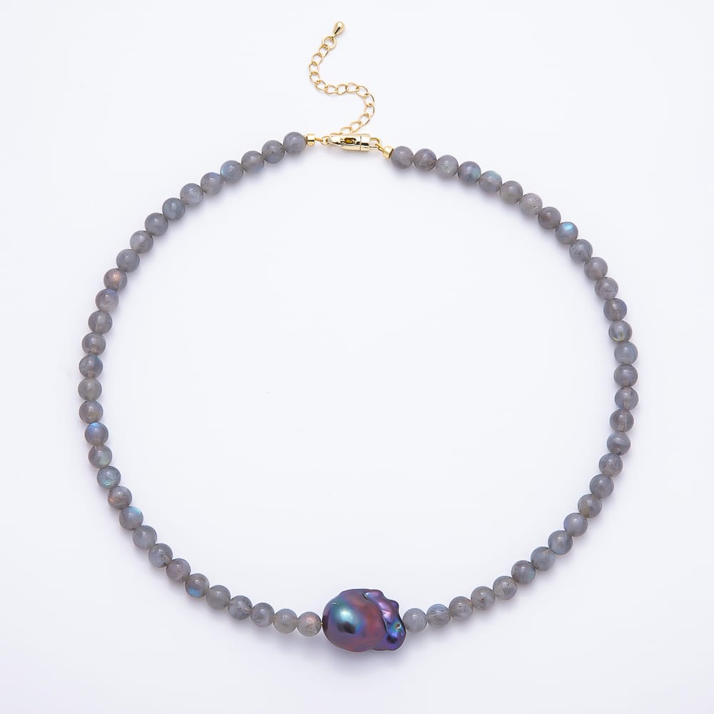 16K Gold Filled 6.5mm Purple Baroque Freshwater Pearl Labradorite Round Gemstone Chain 17 Inch Necklace | WA-00529