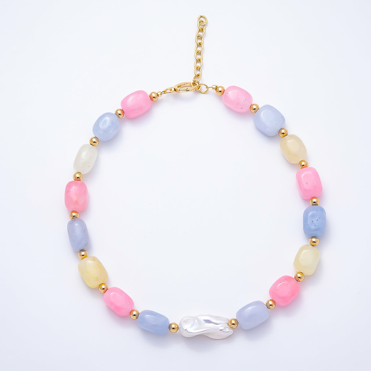18K Gold Filled 14mm Baroque Freshwater Pearl Pastel Multicolor Agate Bead Gemstone Chain 18 Inch Necklace | WA-00545