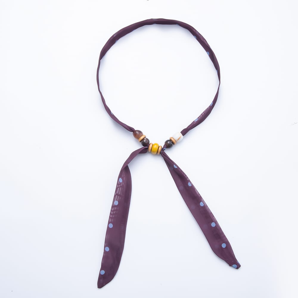 Multi Color Wooden Slider Beads Polka Dot & Leopard Chiffon Ribbon Scarf Bandana Scarf Necklace | WA-00508