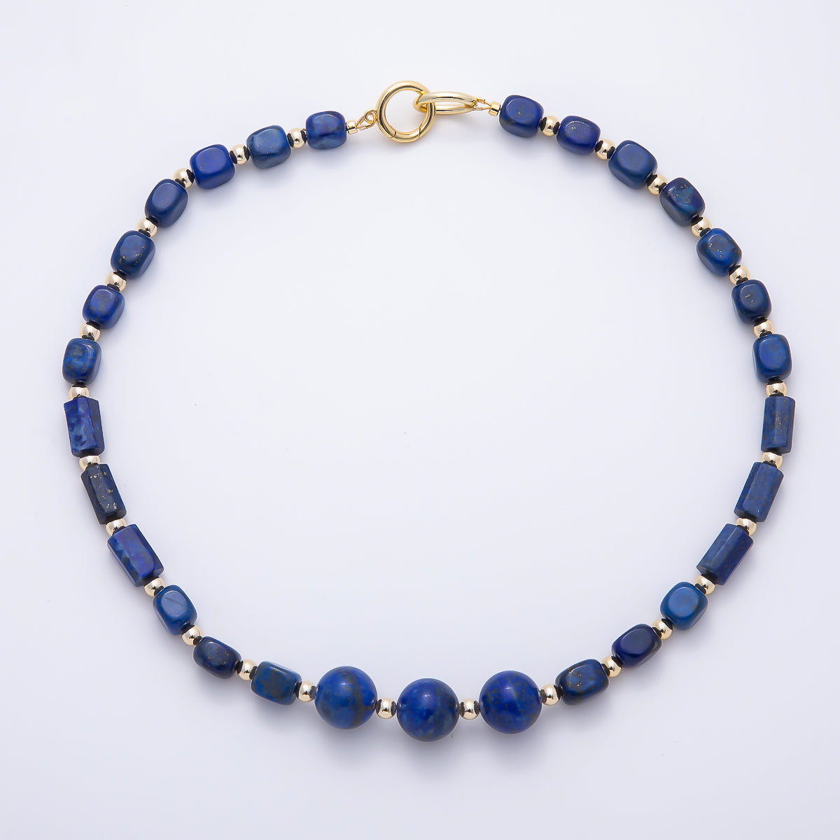 16K Gold Filled 14mm Lapis Lazuli Round Rectangle Gemstone Chain 19.5 Inch Necklace w. Dual Push Gate | WA-00564
