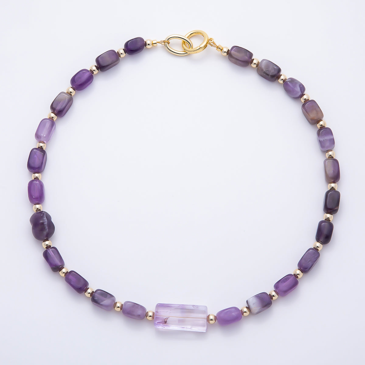 16K Gold Filled 12.5mm Amethyst Rectangle Gemstone Chain 19 Inch Necklace w. Dual Push Gate | WA-00570