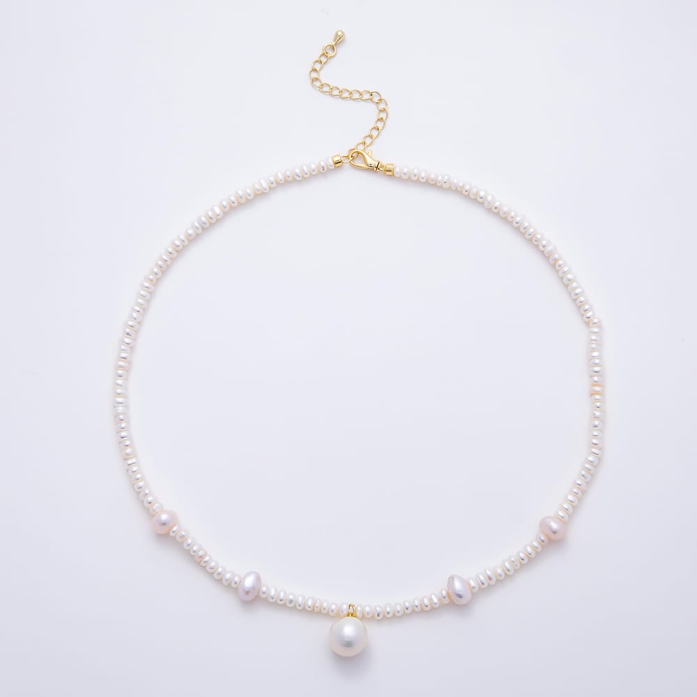 16K Gold Filled 8mm White Natural Freshwater Pearl Round Oval Rondelle Gemstone Chain 16 Inch Necklace | WA-00685