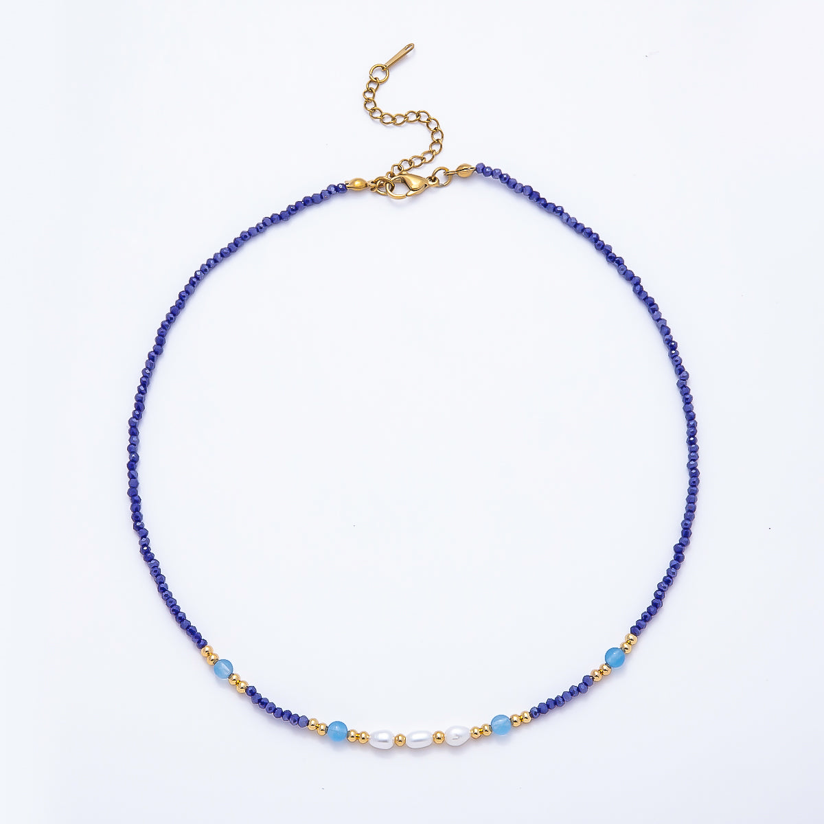 Handmade 2.5mm Shell Pearl Blue, Light Blue, Black Multifaceted Crystal Gemstone Chain 16 Inch Necklace | WA-00689 WA-00699 WA-00790