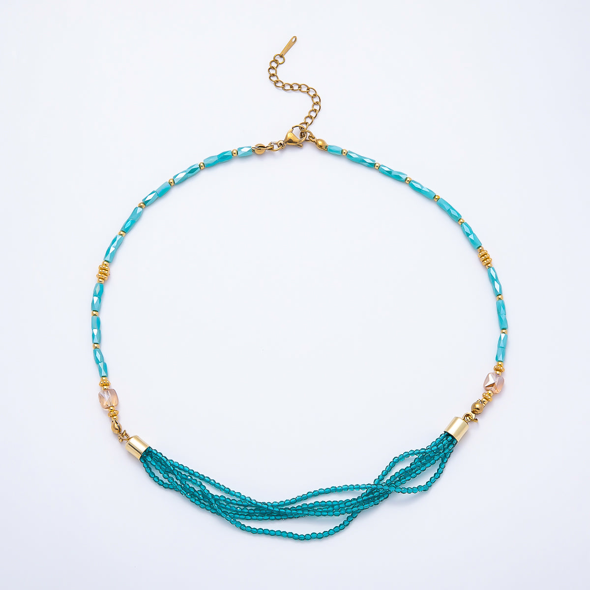 Handmade 3mm Blue, Red, White Crystal Round Tube Multi Layer Gemstone Chain 16.5 Inch Necklace | WA-00811 WA-00827 WA-00835