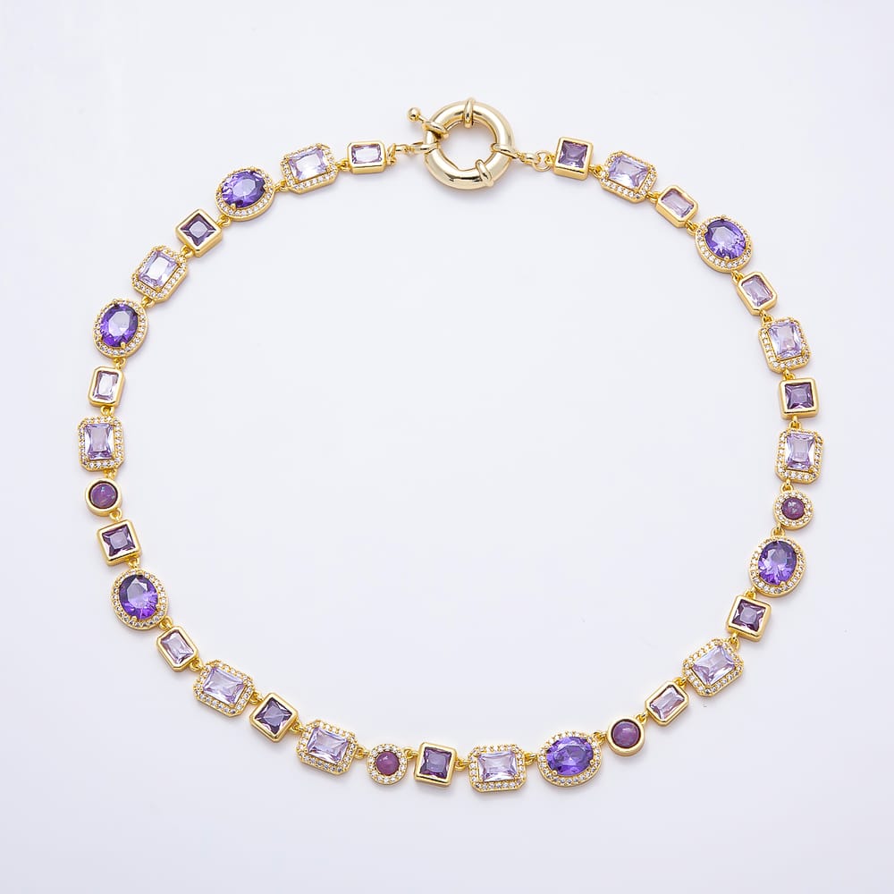 16K Gold Filled 11mm Mixed Shape Amethyst Purple CZ Statement Tennis Chain 18 Inch Necklace | WA-01092