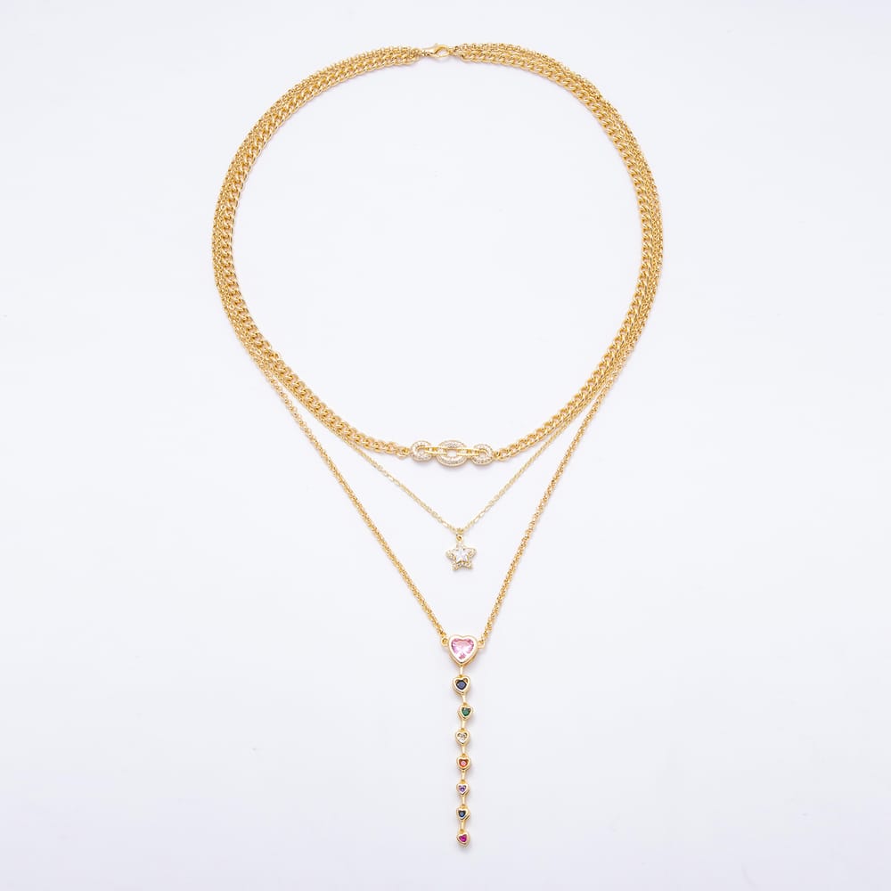 16K Gold Filled 4mm Layered Multi Strand CZ Link Star Lariat Y 19 Inch Necklace | WA-01094