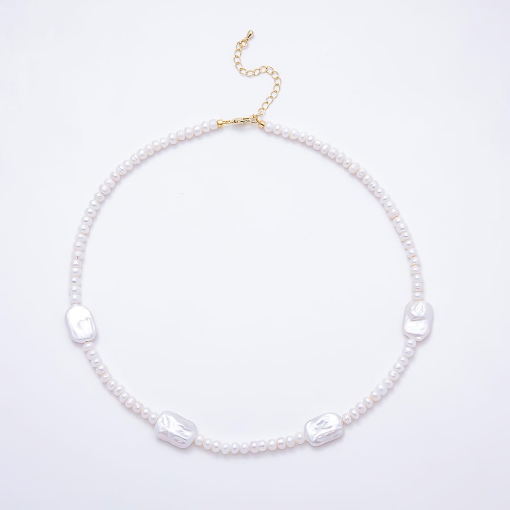 16K Gold Filled 12mm Freshwater Pearl & Flat Rectangle Baroque Pearl Strand 17.5 Inch Necklace | WA-01095