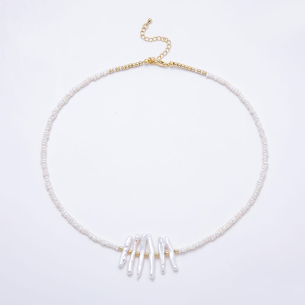 16K Gold Filled 30mm Freshwater Pearl & Stick Biwa Baroque Pearl Fringe Strand 17.5 Inch Necklace | WA-01100