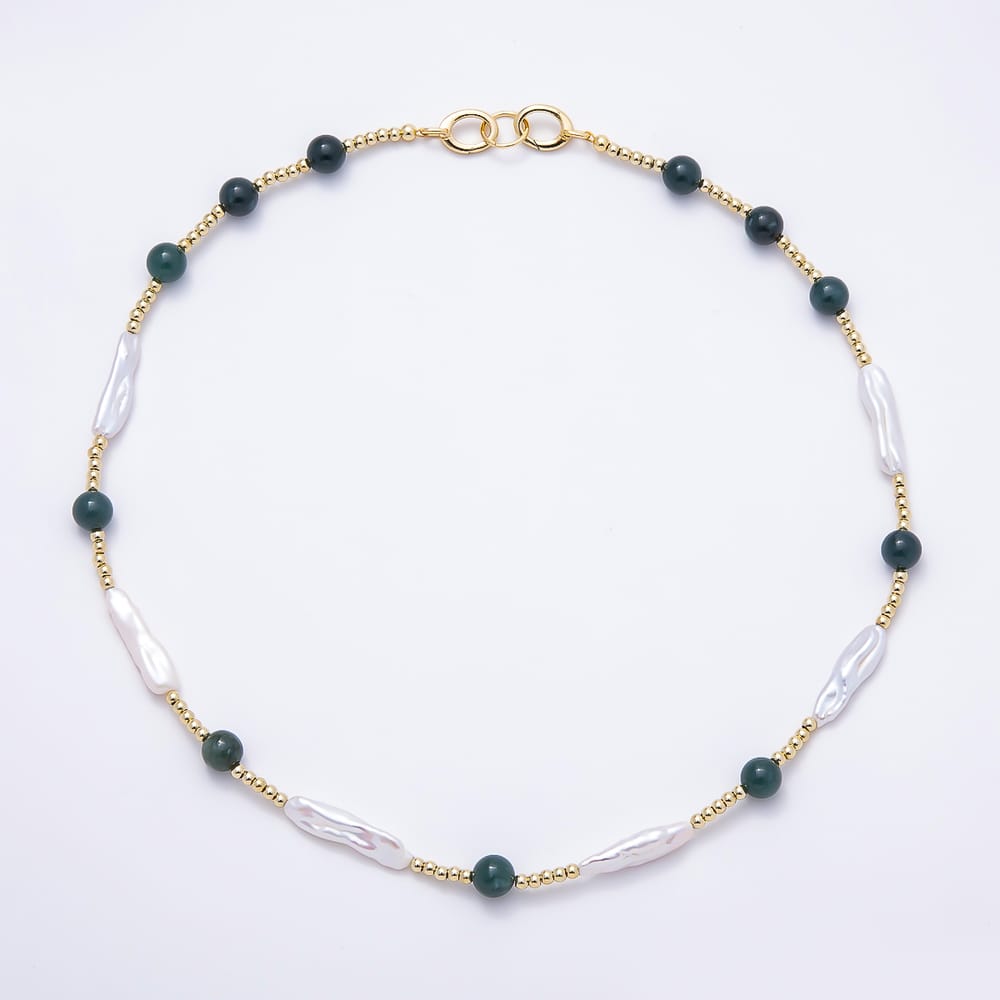 16K Gold Filled 8mm Biwa Stick Pearl & Green Gemstone Bead Strand 19 Inch Necklace | WA-01101