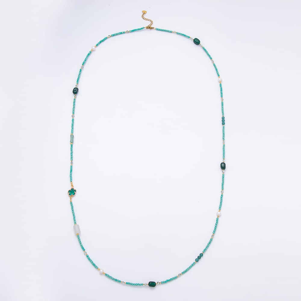 Stainless Steel 12mm Light Green Aventurine Shell Pearl Multifaceted Round Crystal Gemstone Chain 40 Inch Necklace | WA-01149