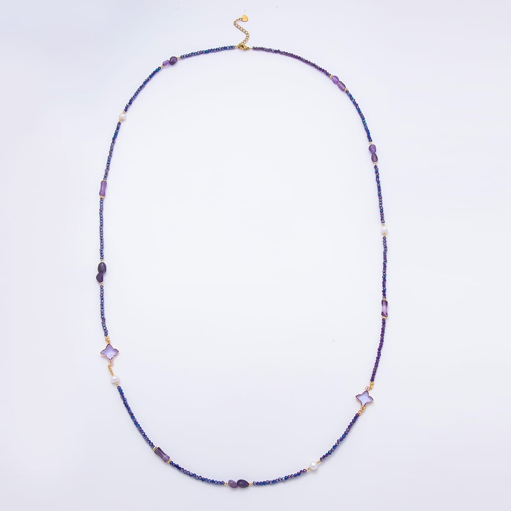 Stainless Steel 14mm Purple Amethyst Multifaceted Round Crystal Gemstone Chain 40 Inch Necklace | WA-01152