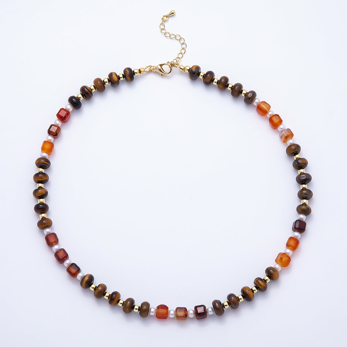 Handmade 4mm Shell Pearl Orange Citrine Tiger Eye Rondelle Gemstone Chain 19 Inch Necklace | WA-01162
