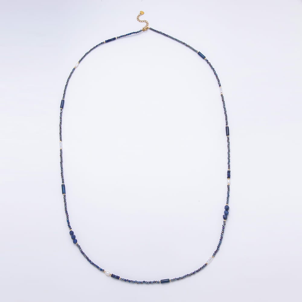Stainless Steel 6mm Blue Lapis Lazuli Shell Pearl Multifaceted Round Crystal Gemstone Chain 40 Inch Necklace | WA-01177