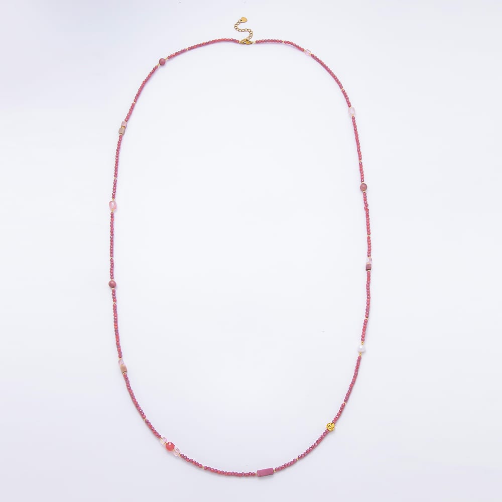 Stainless Steel 7mm Pink Rhodolite Multifaceted Round Crystal Gemstone Chain 40 Inch Necklace | WA-01188