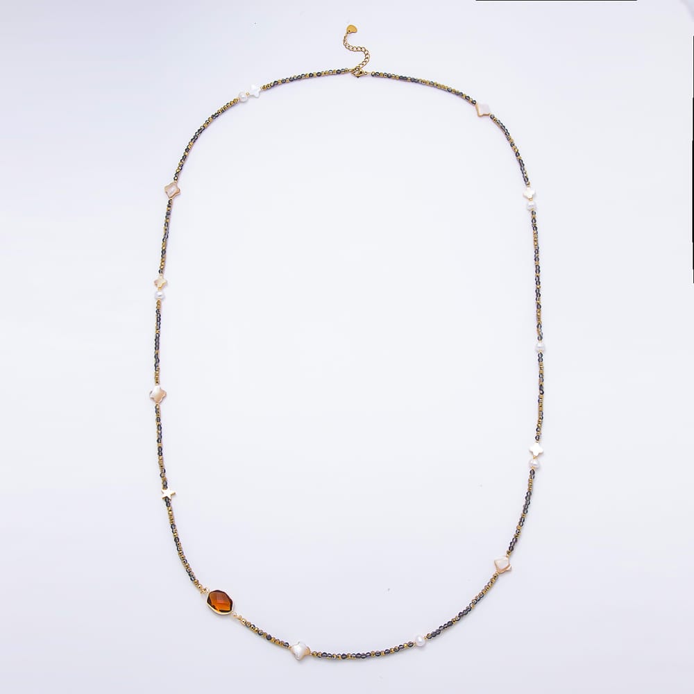 Stainless Steel 12mm Grey Labradorite Multifaceted Round Crystal Gemstone Chain 40 Inch Necklace | WA-01191