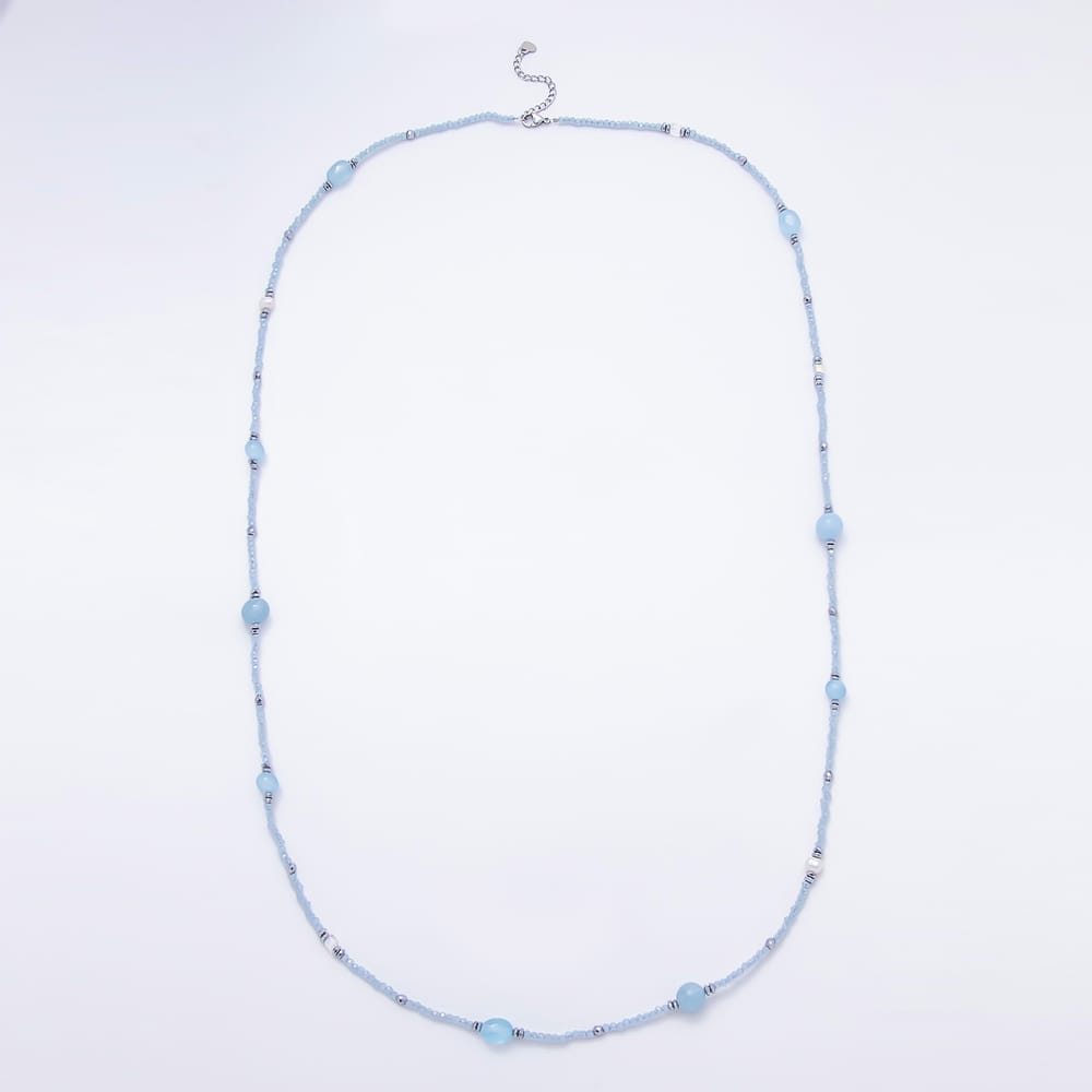 Stainless Steel 11mm Blue Aquamarine Multifaceted Round Crystal Gemstone Chain 40 Inch Necklace | WA-01238