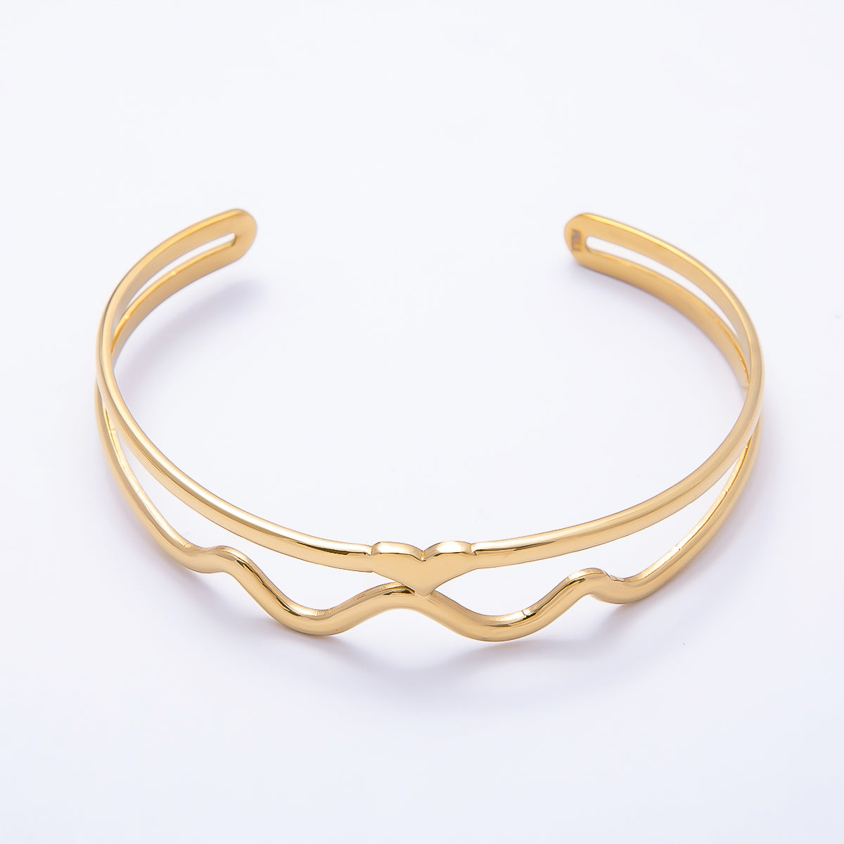 Stainless Steel Gold PVD Heart Wavy Minimalist Double Band Cuff Bracelet | WA-01261