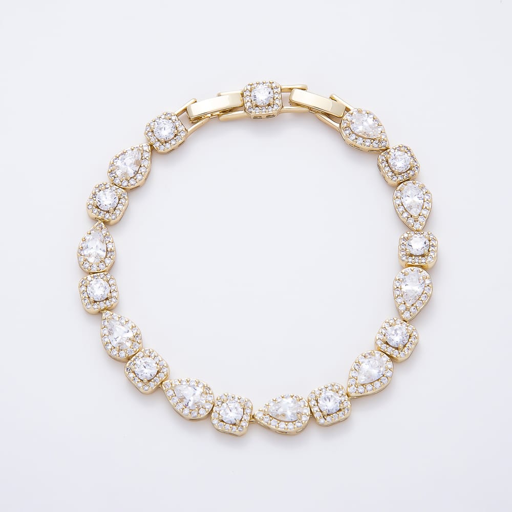 14K Gold Filled 6.5mm Teardrop Round Square Micro Paved CZ Gemstone Chain 6.5 Inch Bracelet | WA-01318
