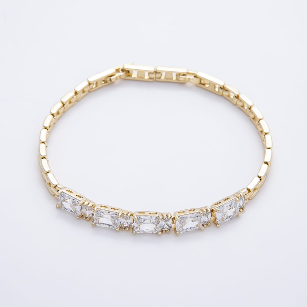 14K Gold Filled 5mm Clear CZ Baguette Panther Gemstone Chain 6.5 Inch Bracelet | WA-01331