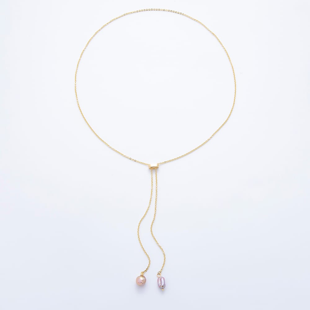 16K Gold Filled 2mm Double Shell Pearl Button Gemstone Slide Lariat Chain 15 Inch Necklace | WA-01390