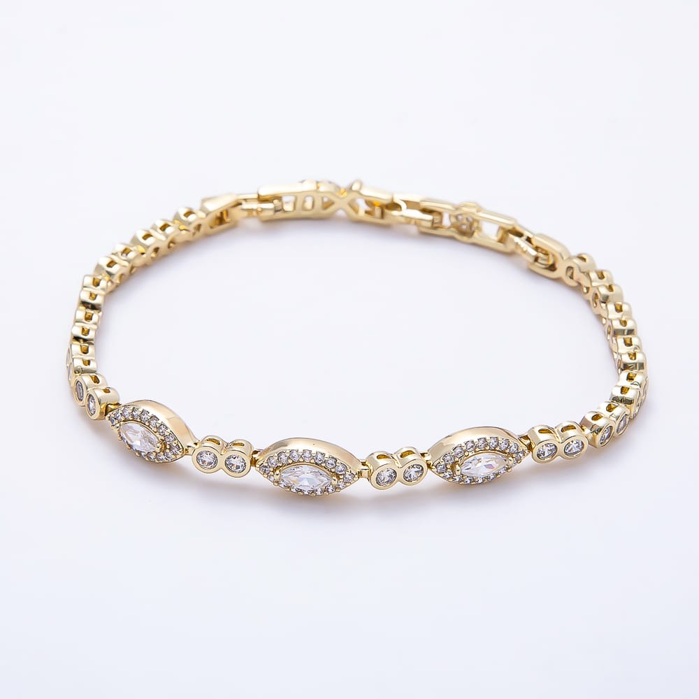 14K Gold Filled 4mm Clear CZ Round Evil Eye Tennis Gemstone Chain 6.5 Inch Bracelet | WA-01517