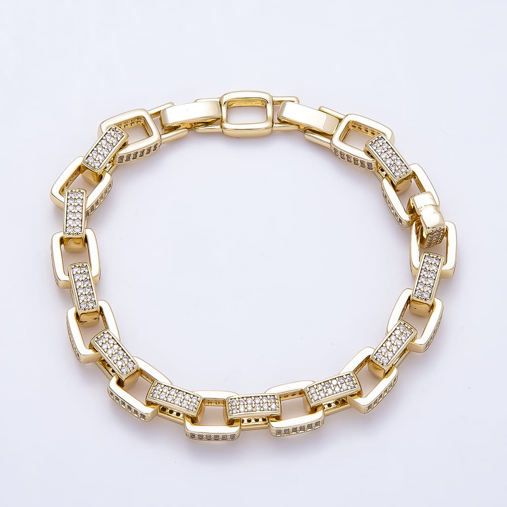 14K Gold Filled 7.5mm Micro Paved CZ Wide Paperclip Chain 7 Inch Bracelet | WA-01576