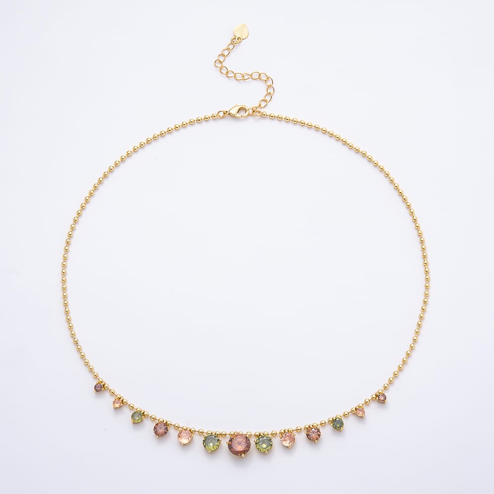 16K Gold Filled 2mm Multicolor CZ Graduating Round Ball Bead Chain 16 Inch Necklace | WA-01845