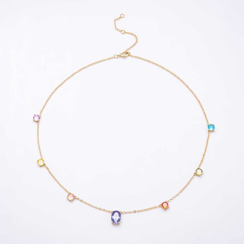 16K Gold Filled 5mm Multicolor CZ Gemstone Cable Chain 16 Inch Necklace | WA-01884