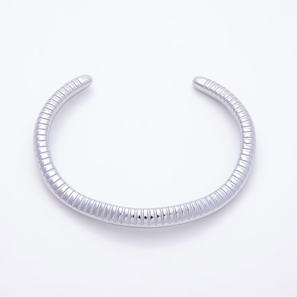 Silver Stainless Steel Ribbed Lined Geometric Cuff Bracelet | WA-01987