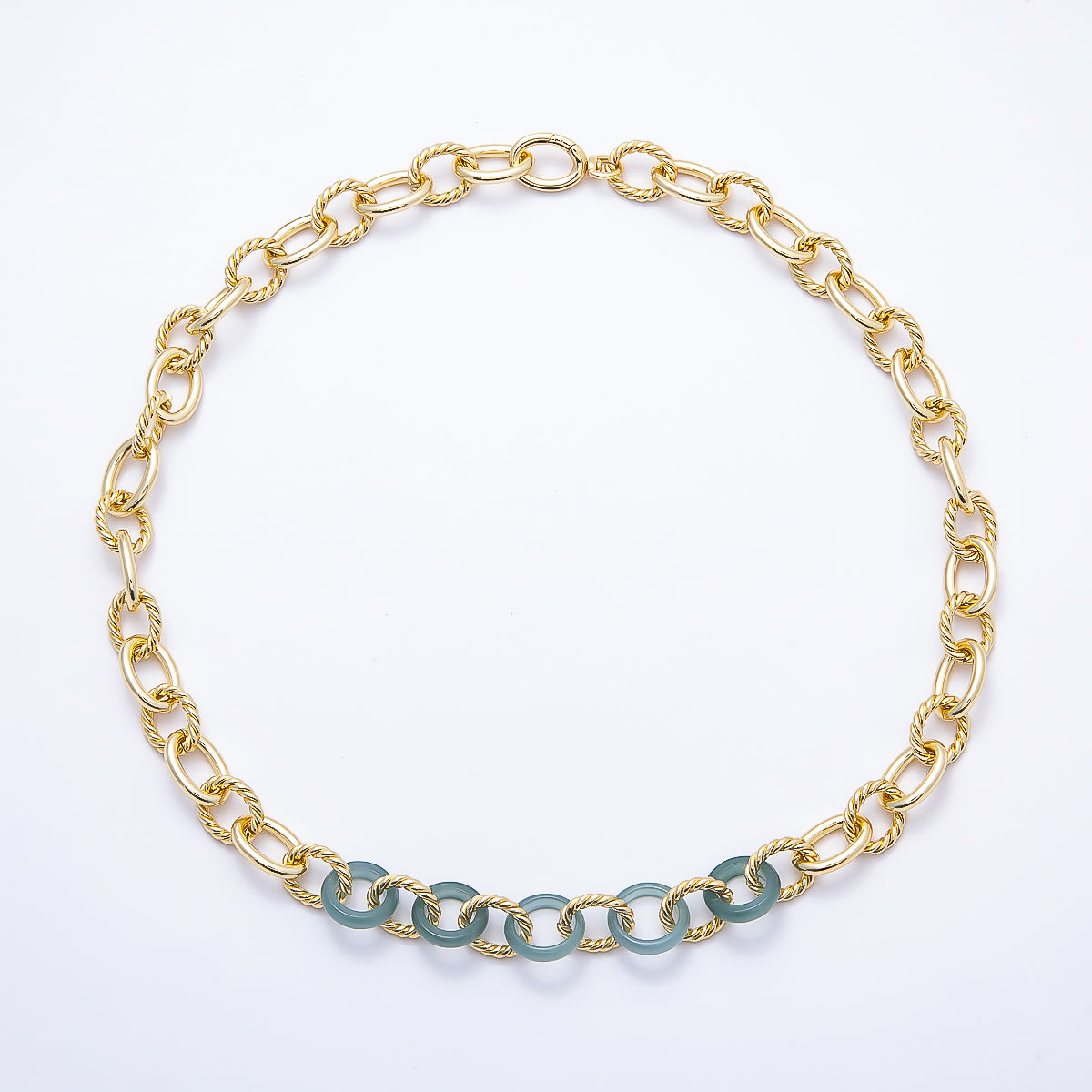 16K Gold Filled Green Aventurine Croissant Cable Chain Link 19.5 Inch Necklace w. Push Gate | WA-02007