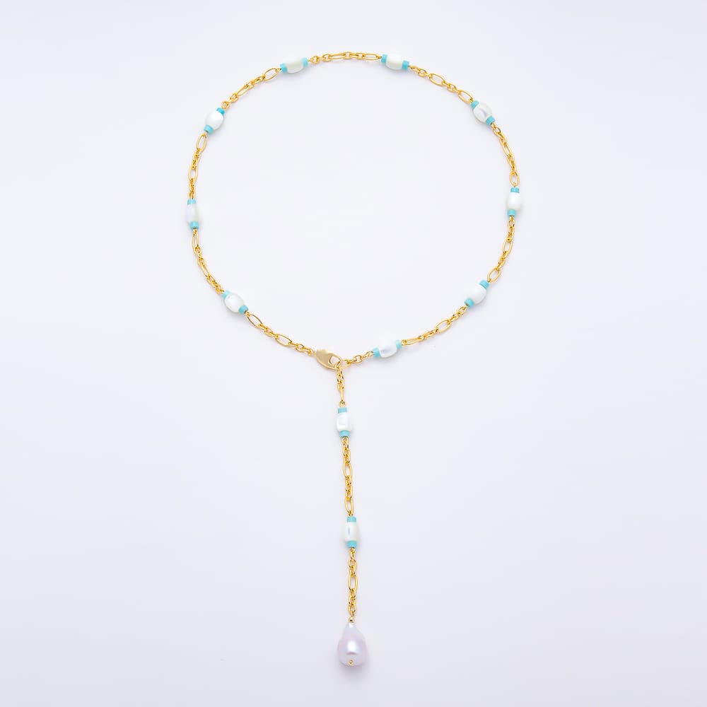 16K Gold Filled 17mm Blue Enamel Shell Pearl Drop Adjustable Lariat Satellite Gemstone Chain 25 Inch Necklace | WA-02092