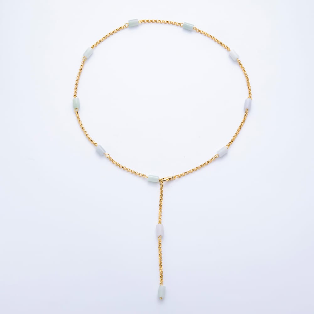 Stainless Steel 6mm Green Jade Cylinder Bead Adjustable Lariat Satellite Gemstone Chain 23 Inch Necklace | WA-02104
