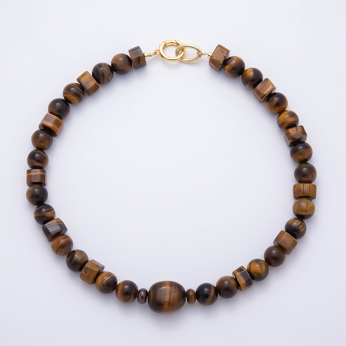 16K Gold Filled 12mm Tiger Eye Round Tube Geometric Gemstone Chain 18 Inch Necklace w. Dual Push Gate | WA-02111