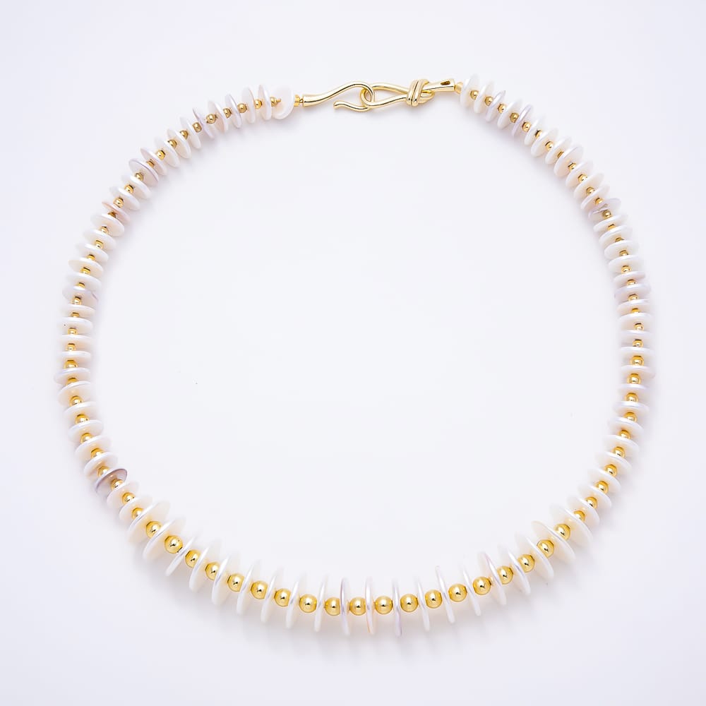 16K Gold Filled 15mm White Freshwater Pearl Heishi Disc Bead Gemstone Chain 19 Inch Necklace w. Hook Closure | WA-02250