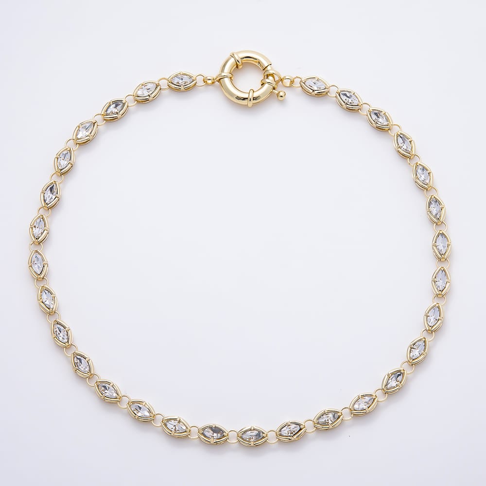 16K Gold Filled 7mm Clear CZ Marquise Bezel Gemstone Chain w. Sailor Clasps Charm Connector Holder Ring 18 Inch Necklace | WA-02255