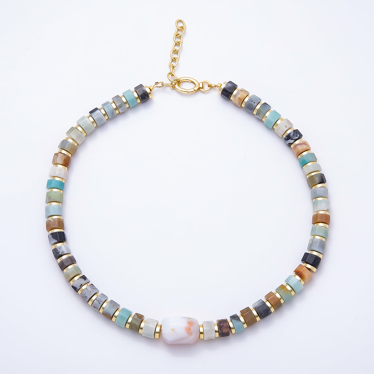 16K Gold Filled 10mm Amazonite Tube Rondelle Gemstone Chain 18 Inch w. Push Gate Extender | WA-00051