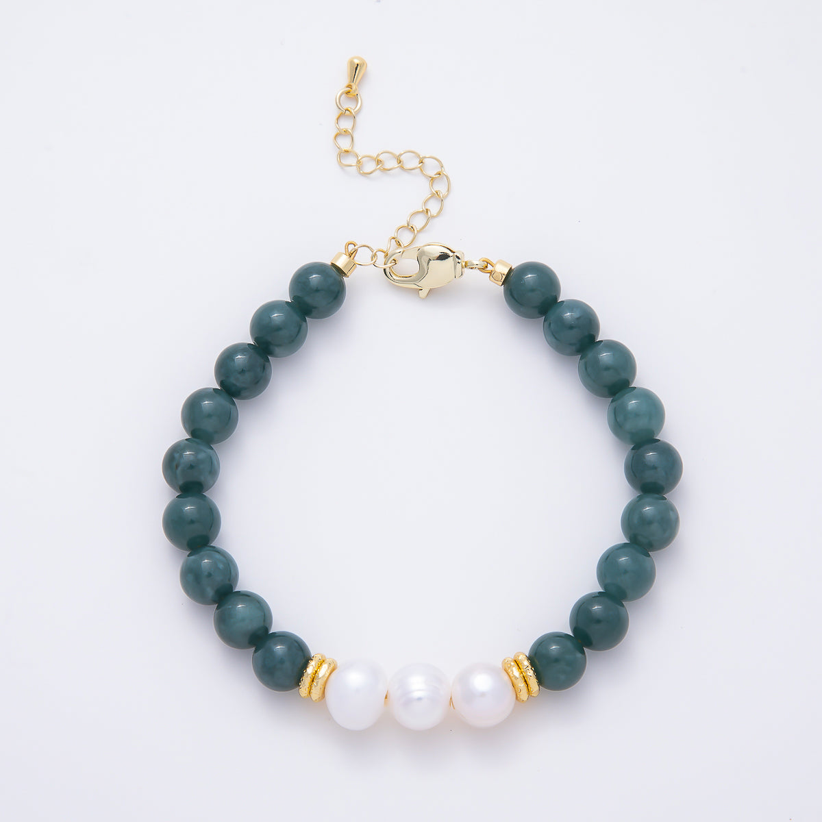 16K Gold Filled 8mm Shell Pearl Green Aventurine Bead Round Gemstone Chain 7.5 Inch Bracelet | WA-00060