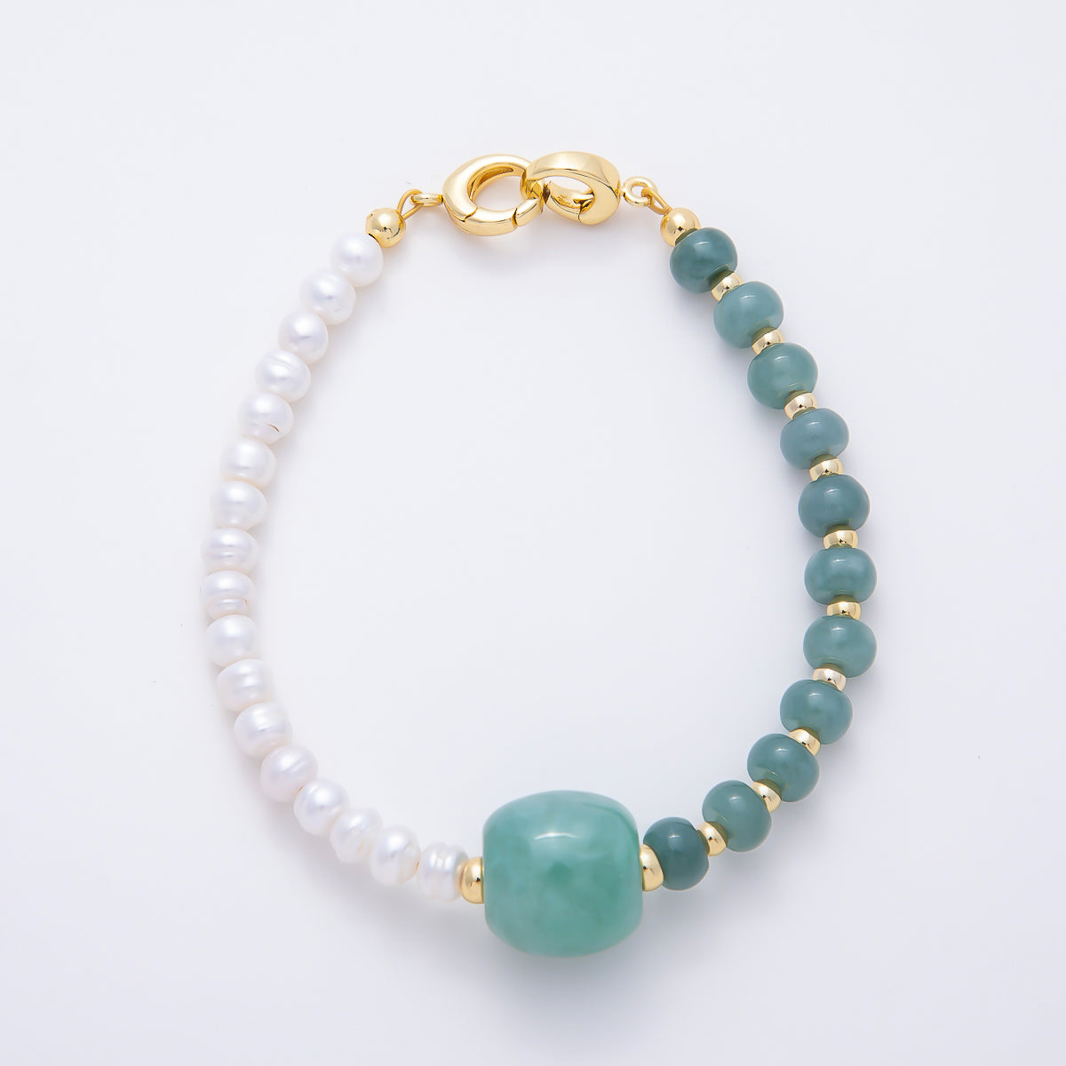 16K Gold Filled 6mm Shell Pearl Green Aventurine Half Rondelle Gemstone Chain 7.5 Inch Bracelet | WA-00087