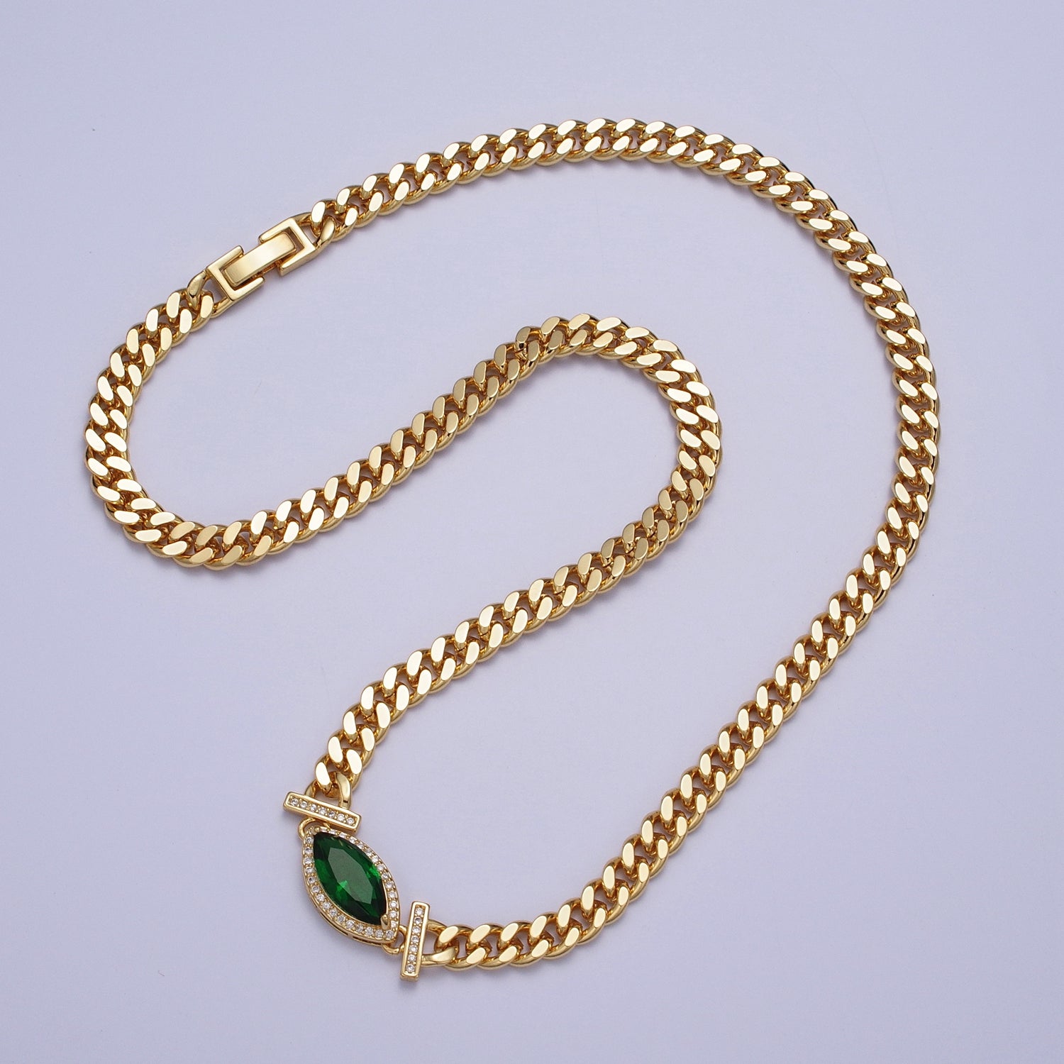 16K Gold Filled 6mm Marquise Micro Paved CZ Solitaire Curb Chain 18 Inch Necklace | WA-01212