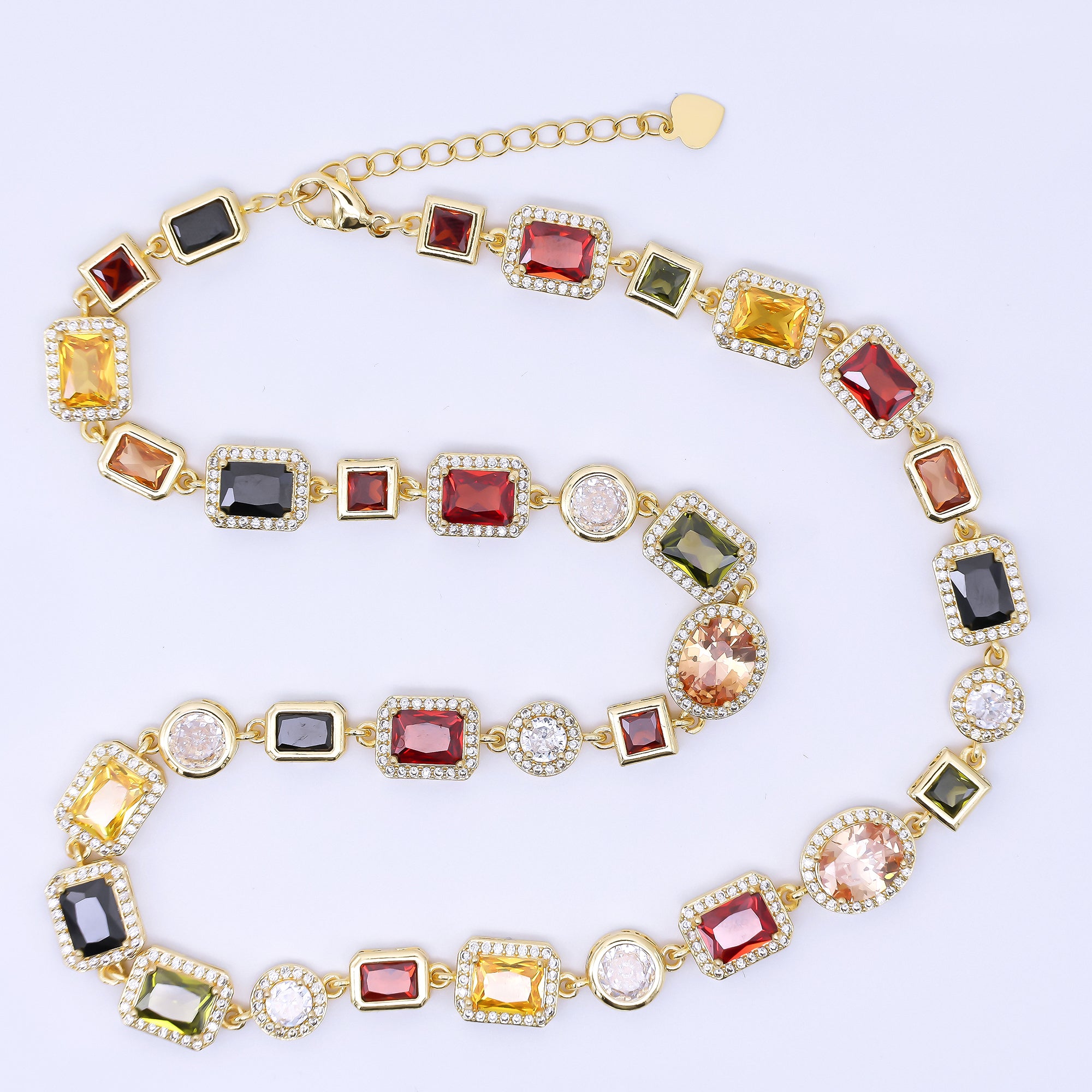 24K Gold Filled 6.7mm Multicolor Mixed-Cut CZ Bead Chain 17 Inch Necklace with Extender | WA-1241